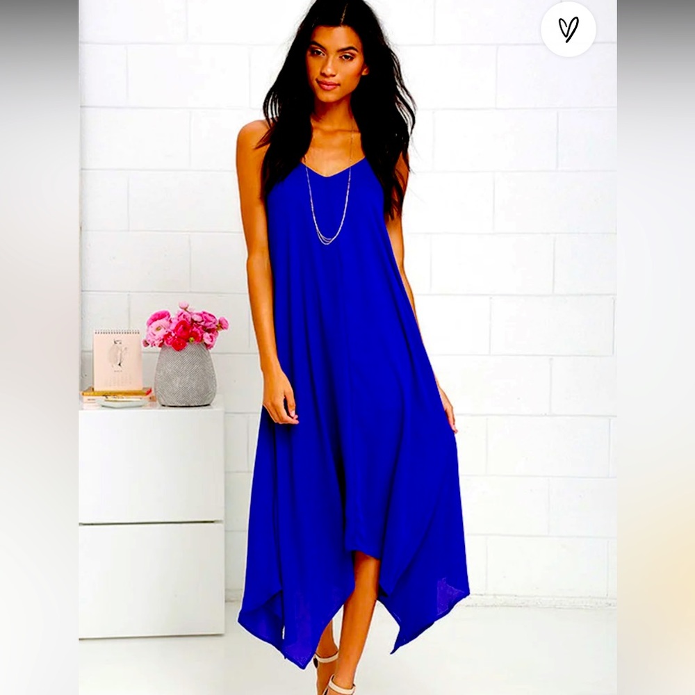 Lulu’s royal blue asymmetrical midi dress